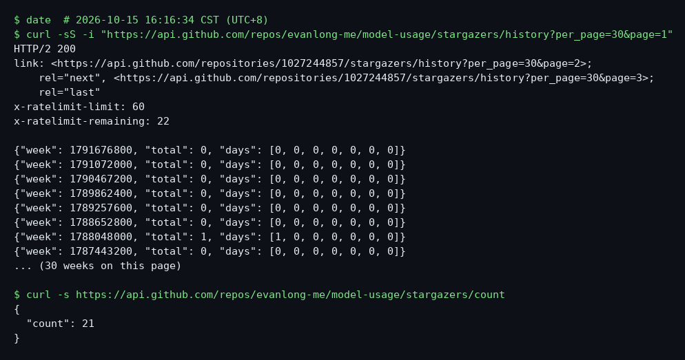 Terminal output from curl against the star history endpoint