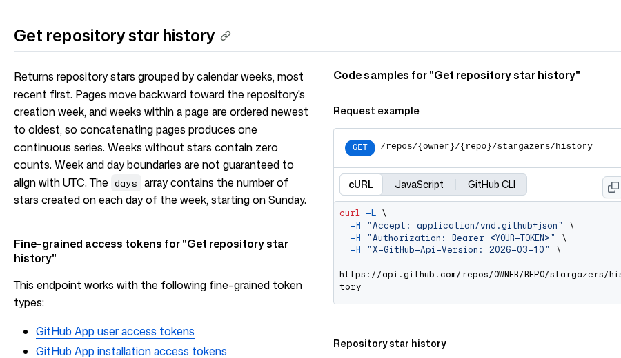 Screenshot of the GitHub docs section Get repository star history